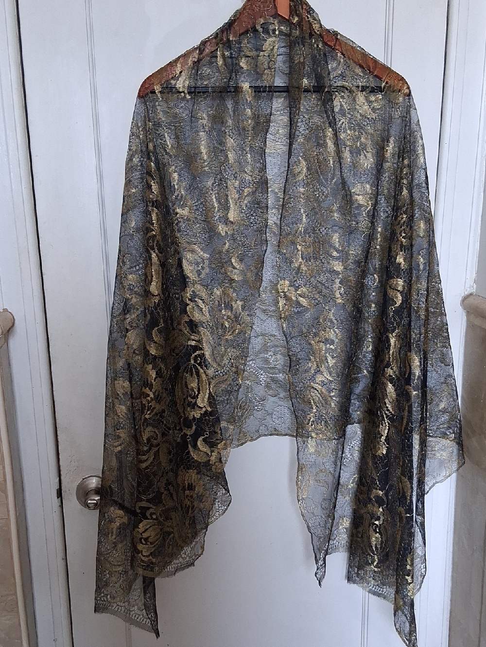 Gelmor Genuine French Lace New York Black and Gold Lace Shawl w Gold Threading